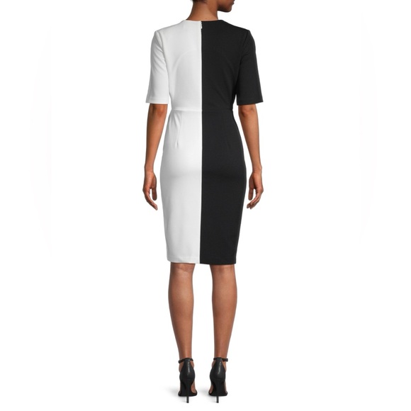 CALVIN KLEIN BLACK WHITE COLORBLOCK SHEATH BUSINESS CAREER DRESS SZ 8 - Picture 2 of 5
